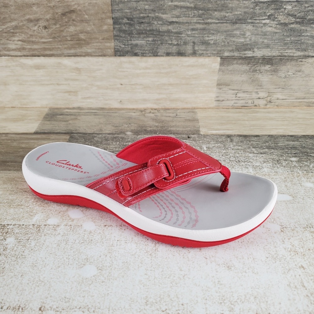 Clarks Sunmaze Loop Womens Thong Sandal Sz 8 M Red Gray Leather Slip On Open Toe